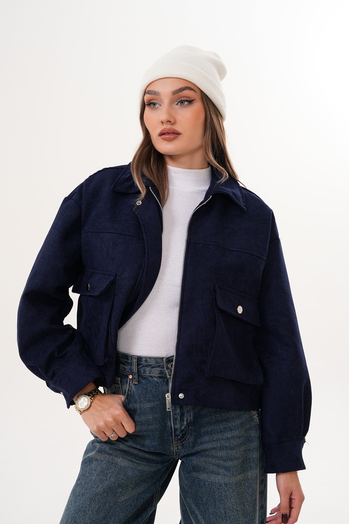 Lacivert Cep Detaylı Süet Ceket