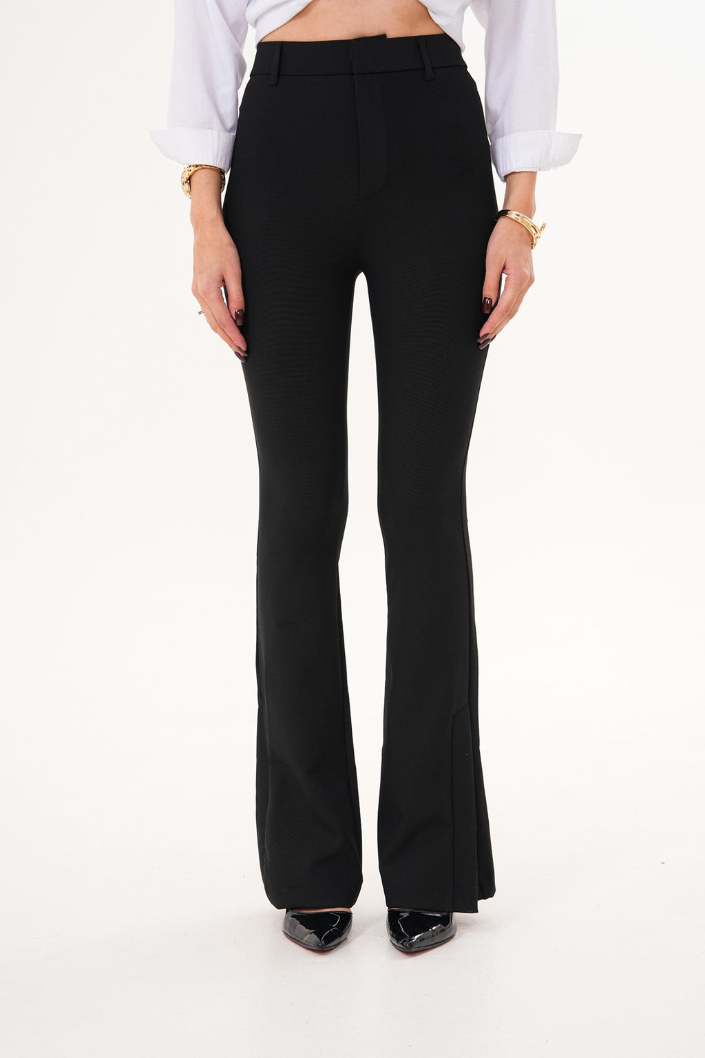 Siyah Dalgıç Kumaş Paça Yırtmaç Detaylı İspanyol Pantolon