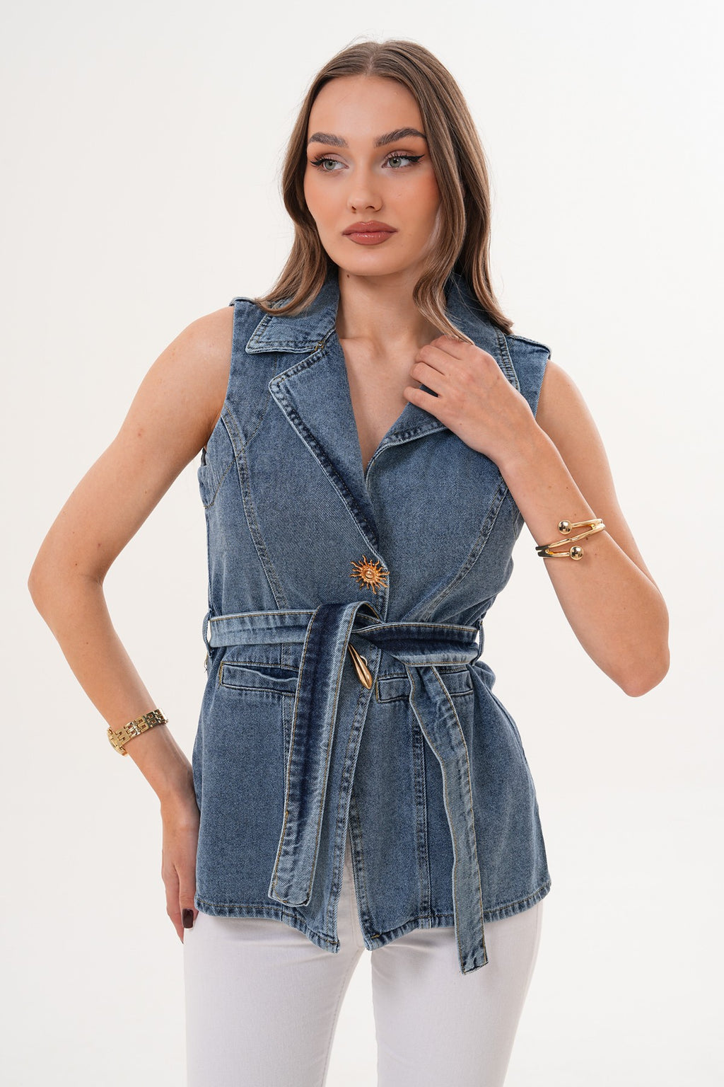 Kemerli Ön Düğme Detaylı Yelek