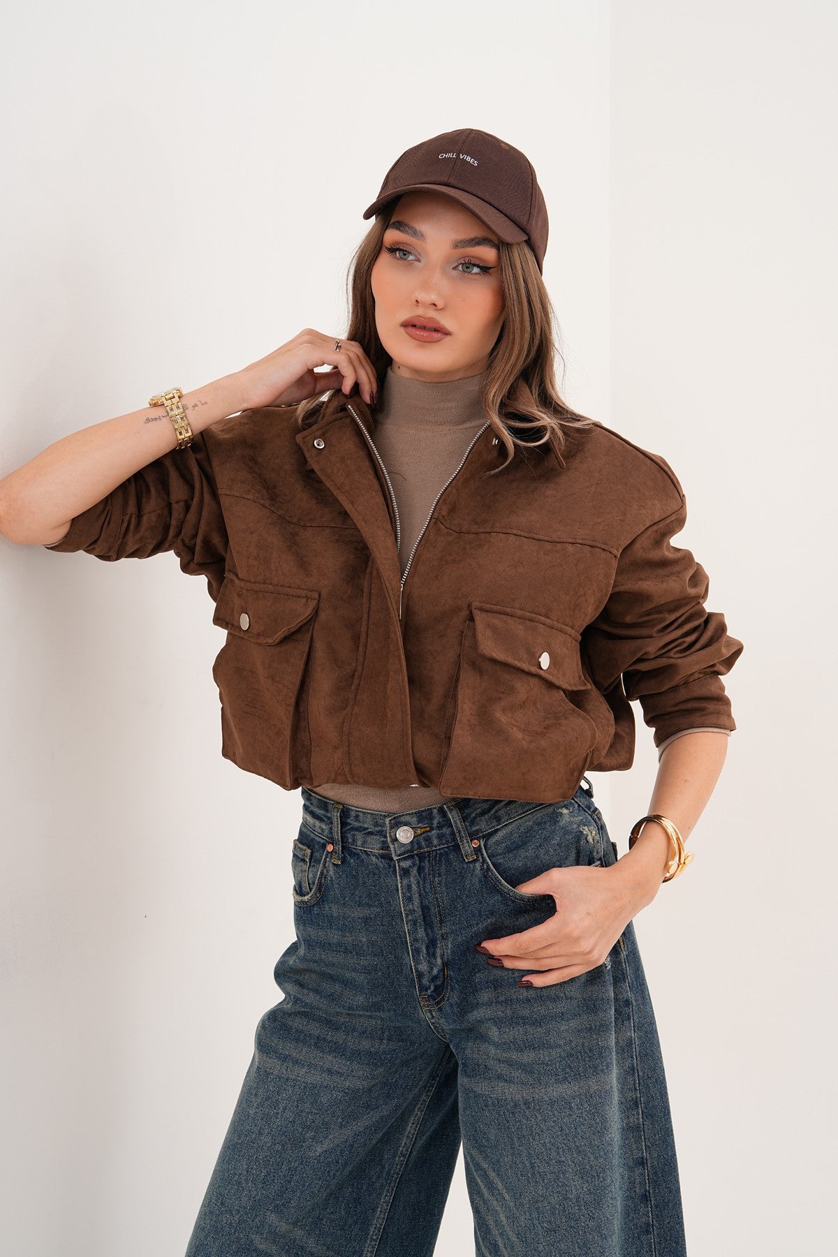 Kahverengi Süet Cep Detaylı Mont