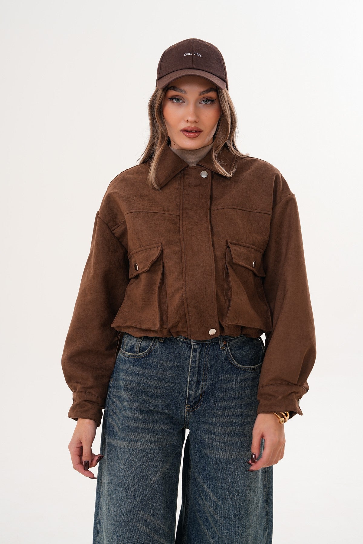 Kahverengi Süet Cep Detaylı Mont