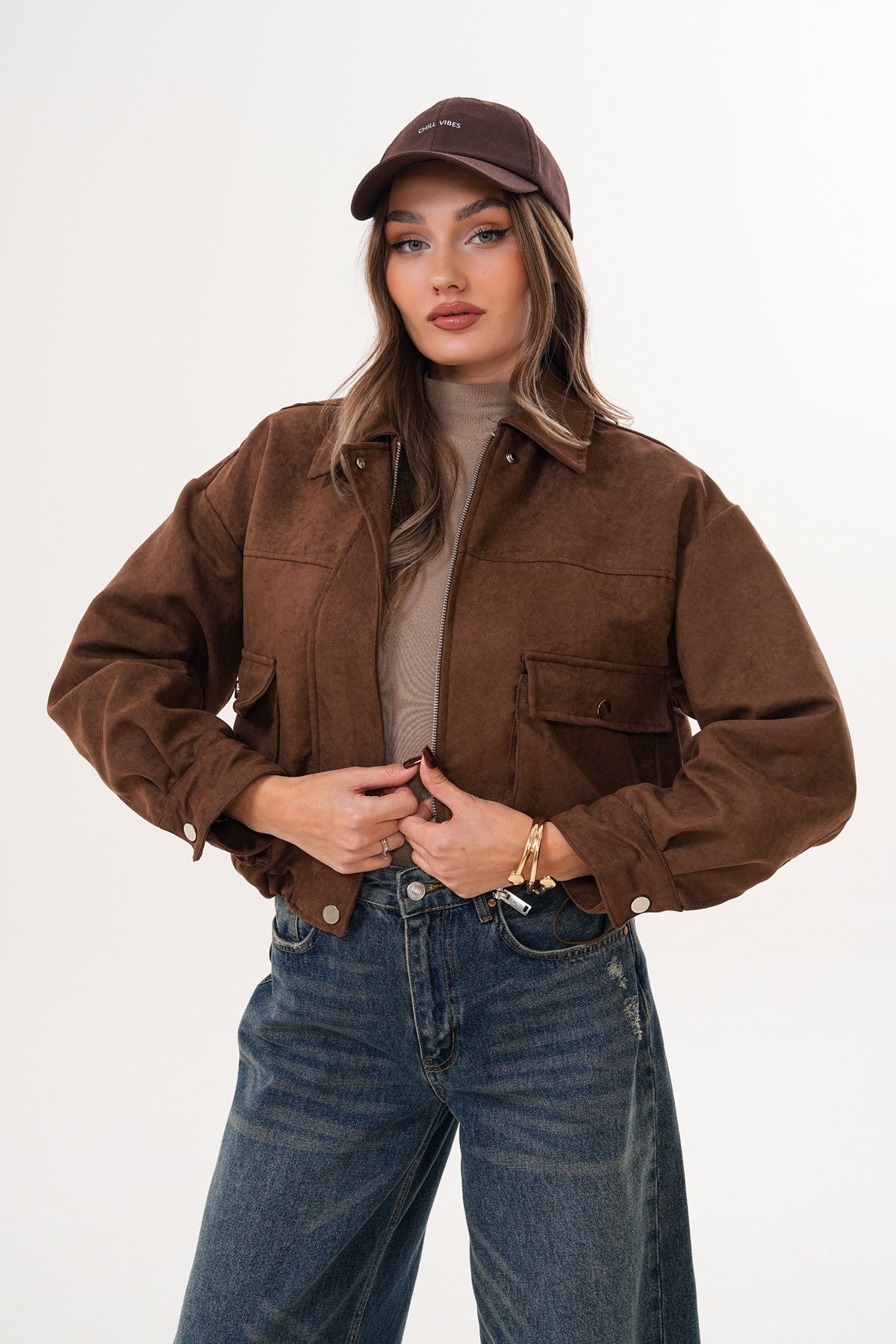 Kahverengi Süet Cep Detaylı Mont