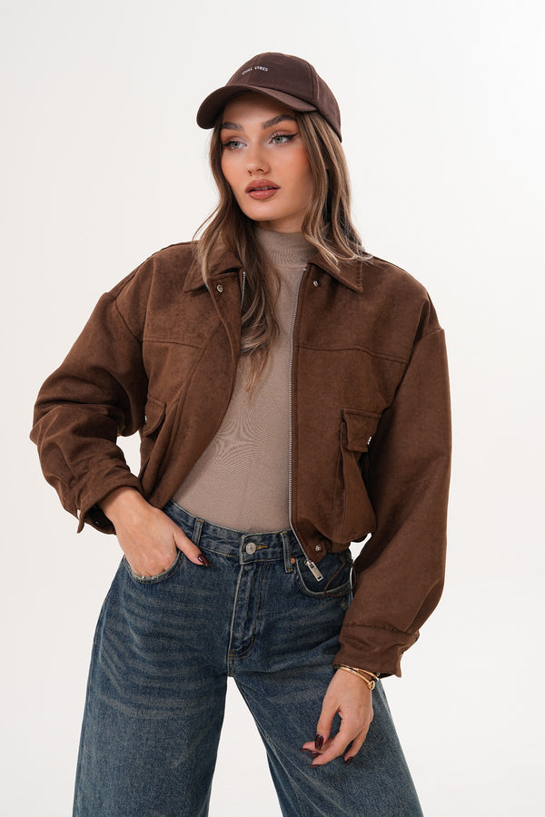 Kahverengi Süet Cep Detaylı Mont