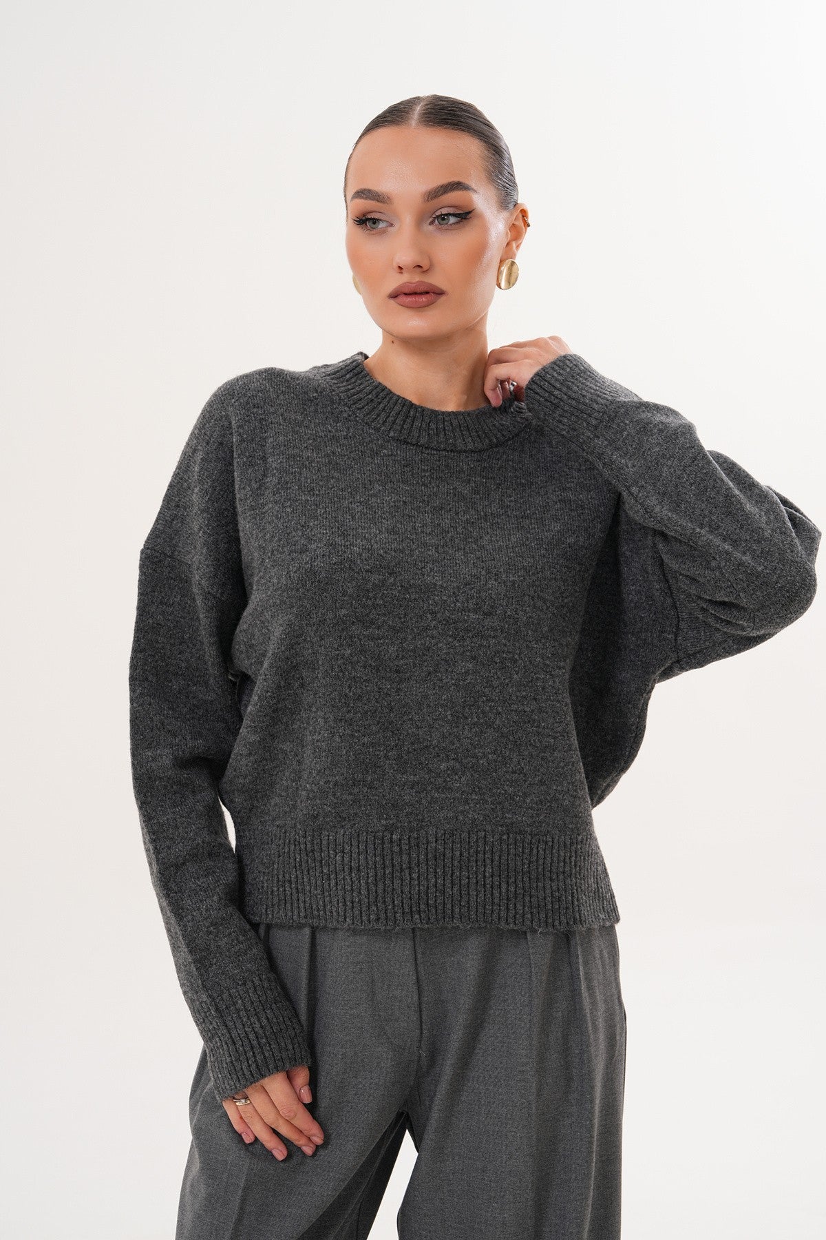 Oversize Bisiklet Yaka Gri Kazak