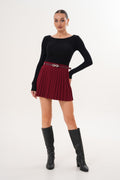 Bordo Pileli Mini Etek
