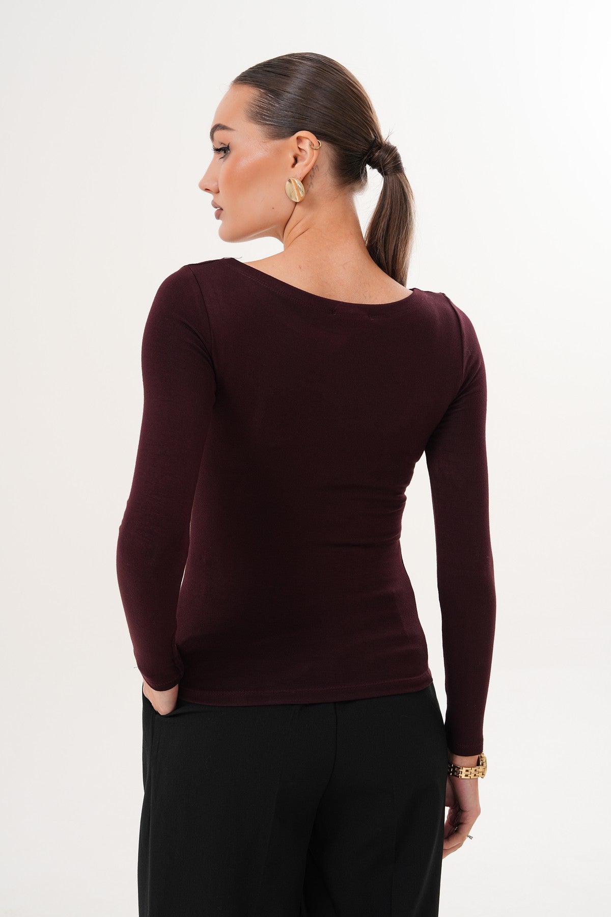 Kayık Yaka Yumuşak Kumaş Bordo Bluz