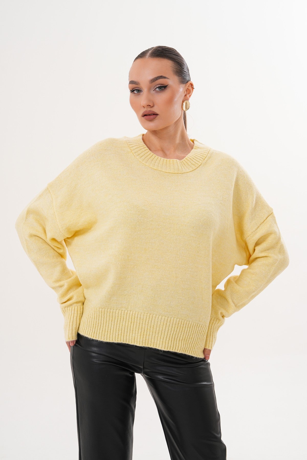 Oversize Bisiklet Yaka Sarı Kazak