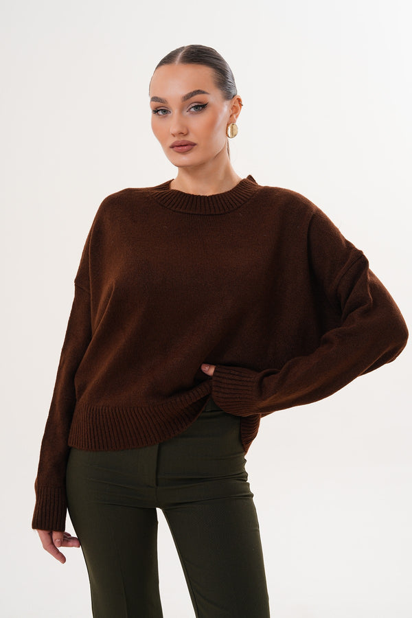 Oversize Bisiklet Yaka Kahverengi Kazak