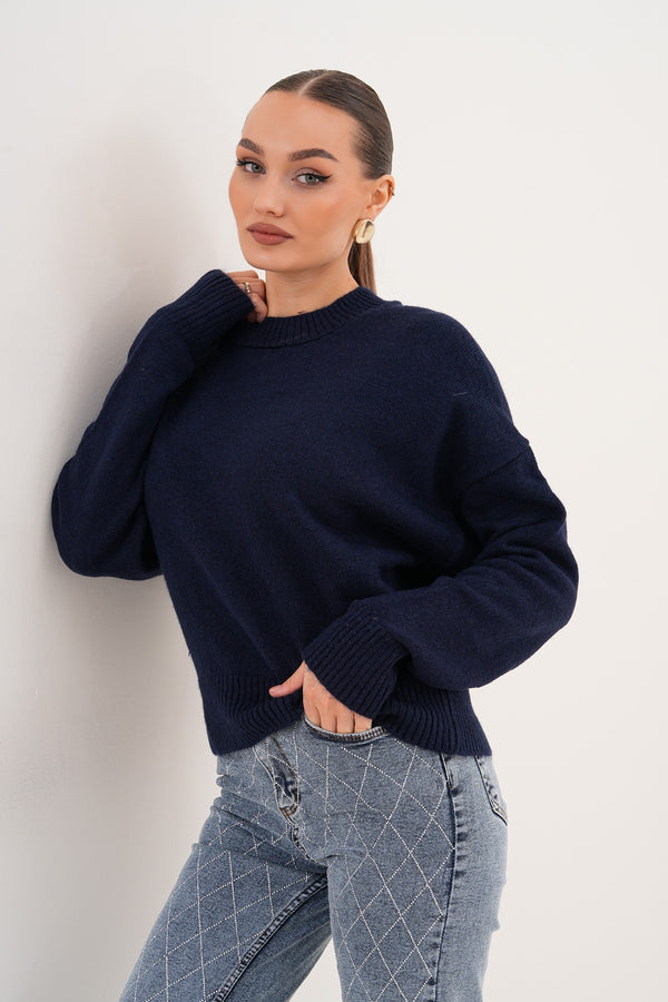 Oversize Bisiklet Yaka Lacivert Kazak