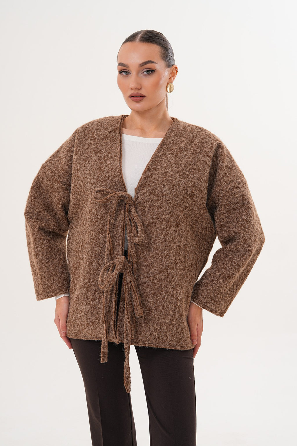 Kırçıllı Önü Bağlamalı Kahve Oversize Kaban