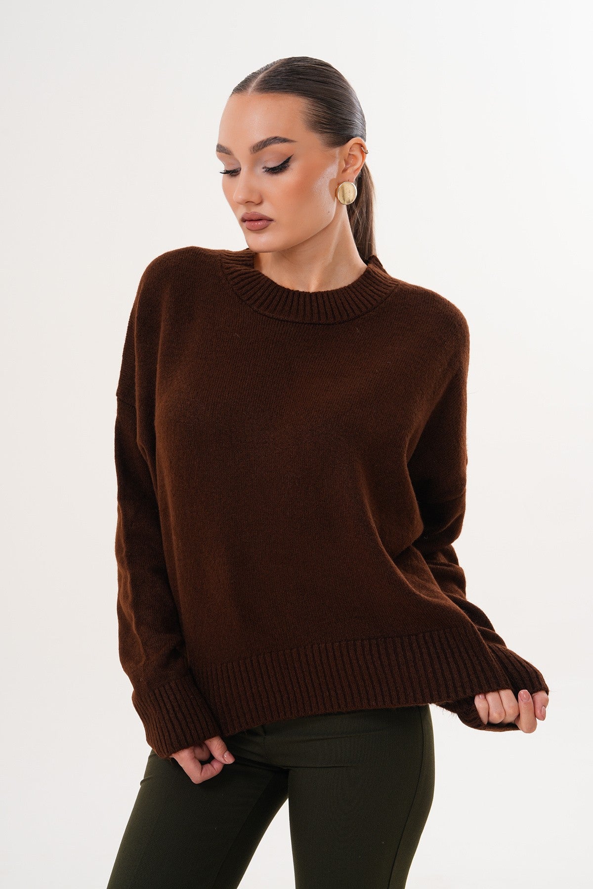 Oversize Bisiklet Yaka Kahverengi Kazak