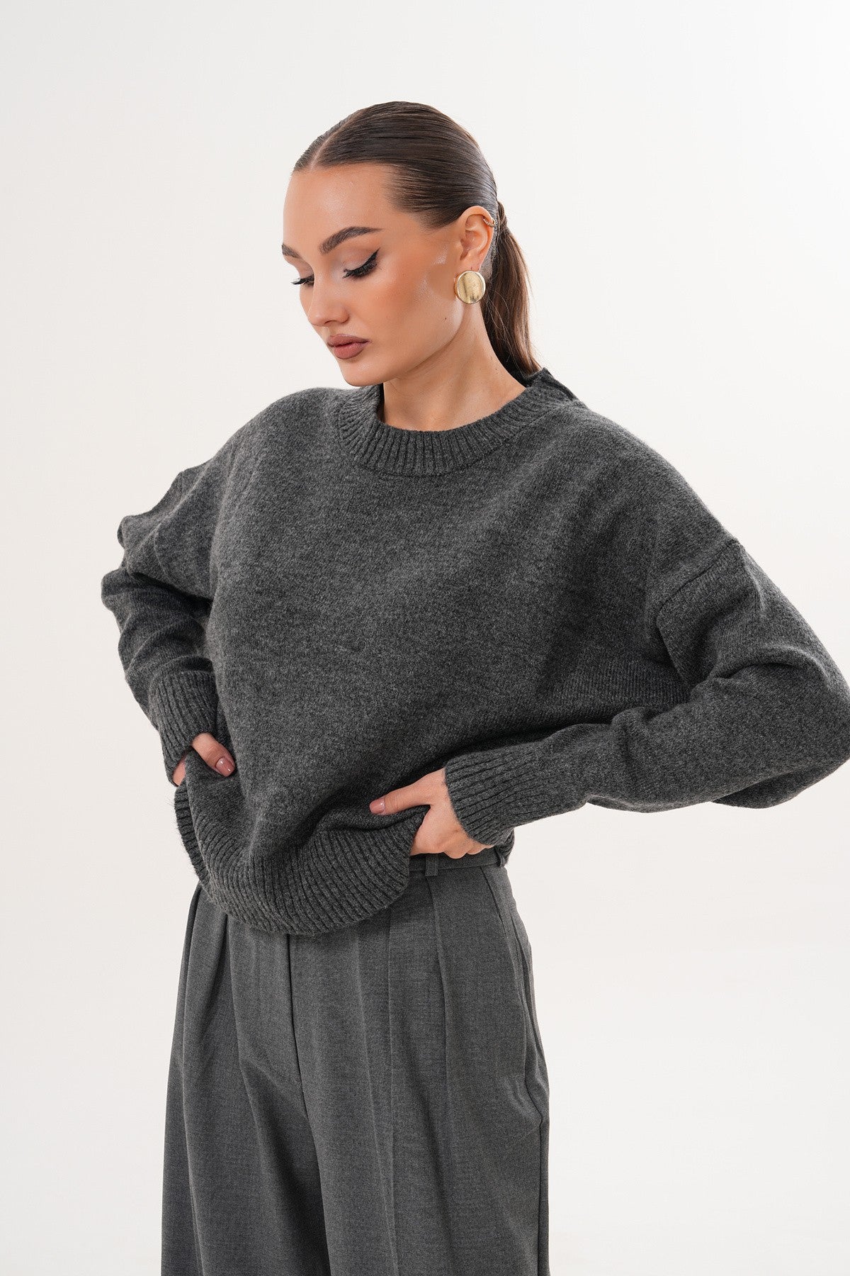 Oversize Bisiklet Yaka Gri Kazak