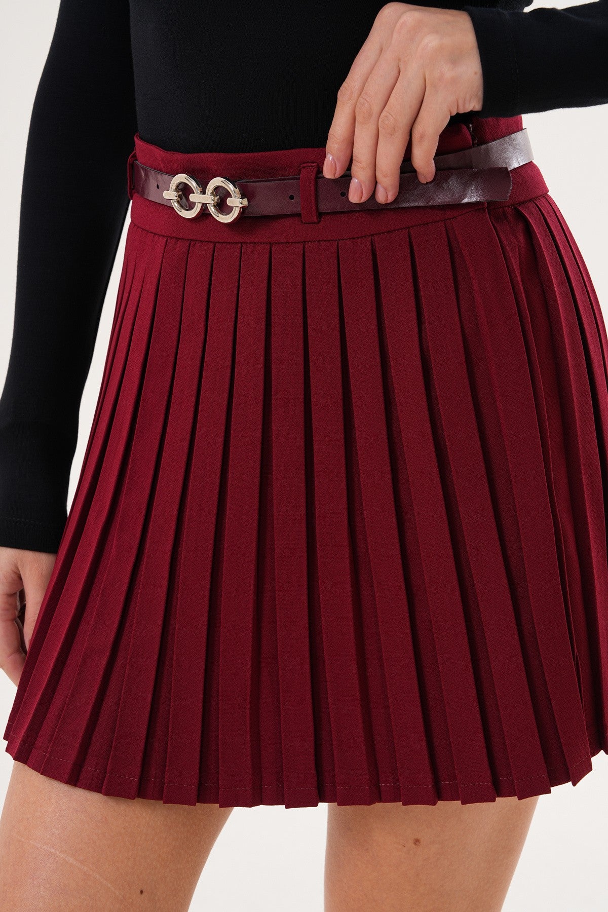 Bordo Pileli Mini Etek