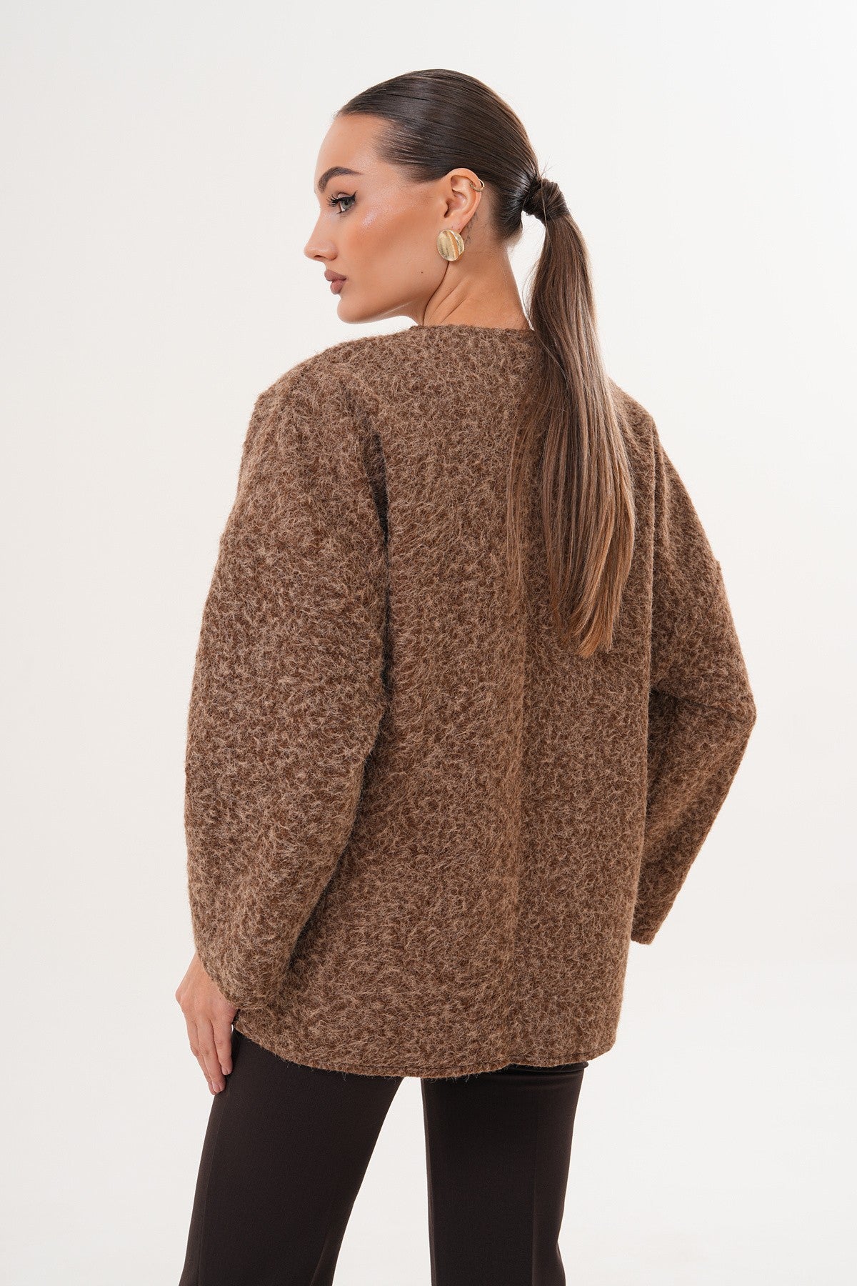 Kırçıllı Önü Bağlamalı Kahve Oversize Kaban