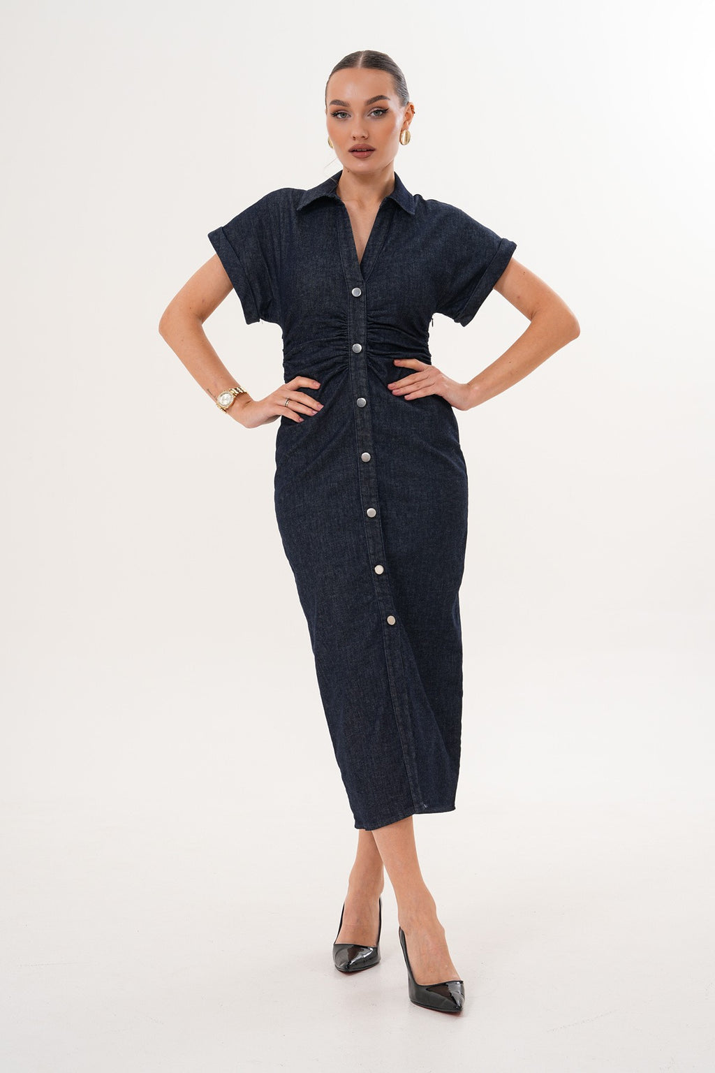 Ön Düğme Detaylı Kot Midi Elbise