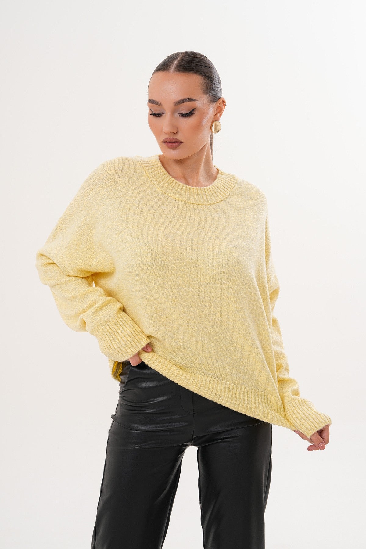 Oversize Bisiklet Yaka Sarı Kazak