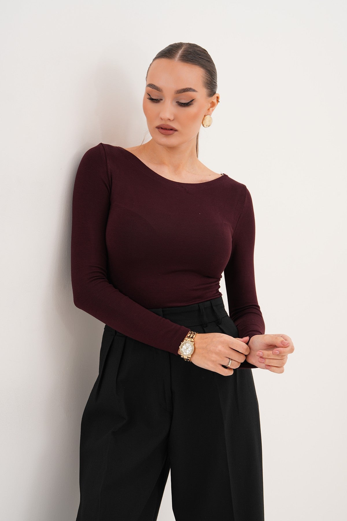 Kayık Yaka Yumuşak Kumaş Bordo Bluz