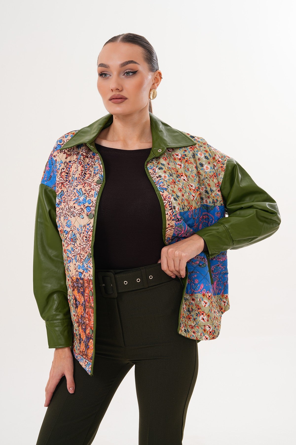 Yeşil Deri Detaylı Twist Model Ceket