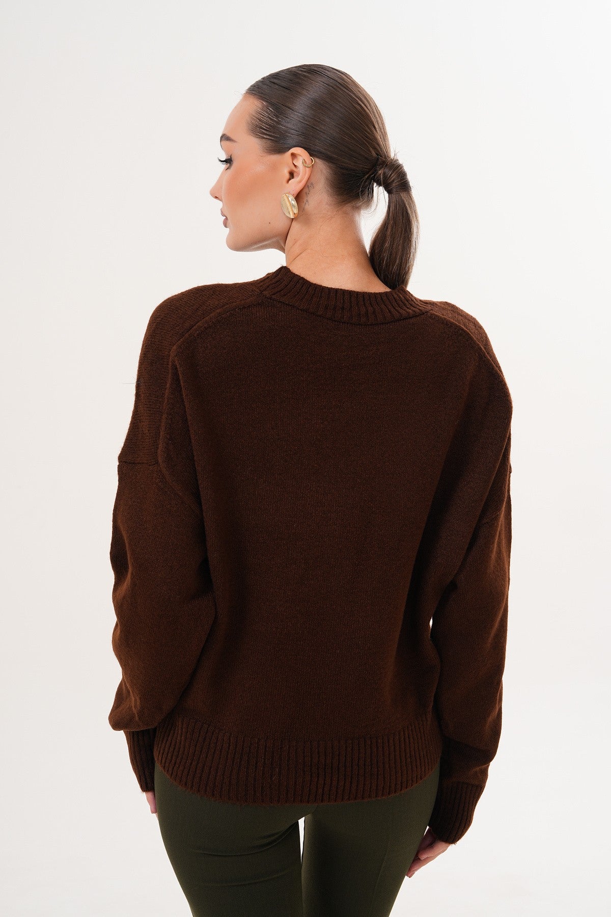 Oversize Bisiklet Yaka Kahverengi Kazak