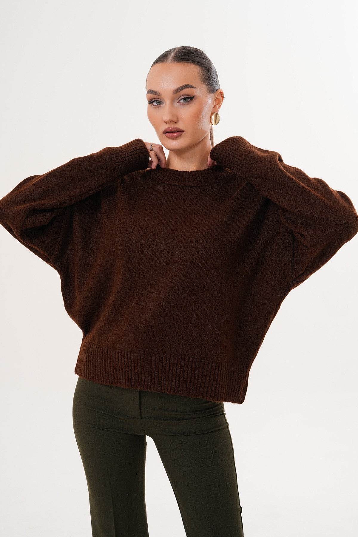 Oversize Bisiklet Yaka Kahverengi Kazak