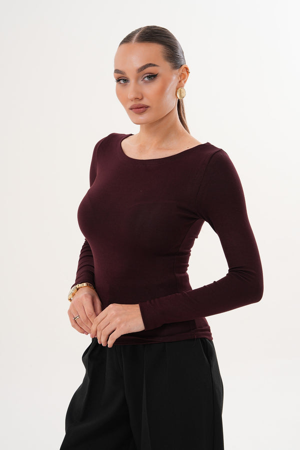 Kayık Yaka Yumuşak Kumaş Bordo Bluz