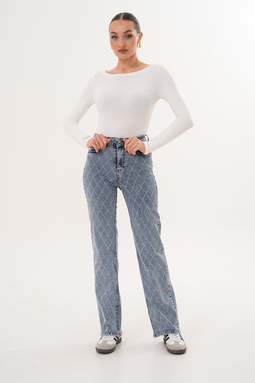 Açık Mavi Taşlı Flare Premium Jean