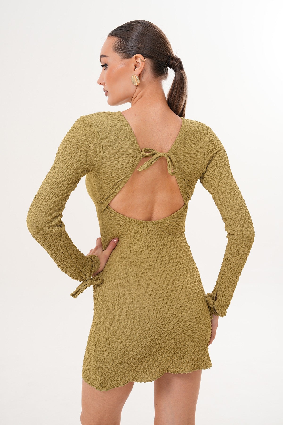 Yağ Yeşili Sırt Detaylı Jakar Kumaş Mini Elbise