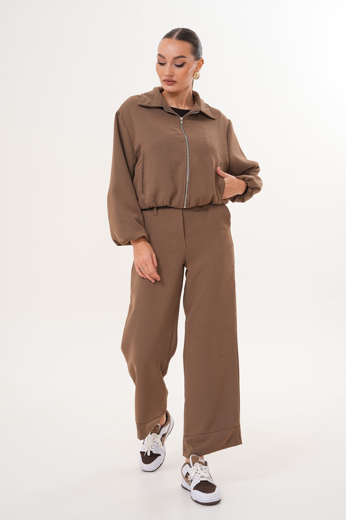 Kahverengi Bomber Ceket İkili Takım