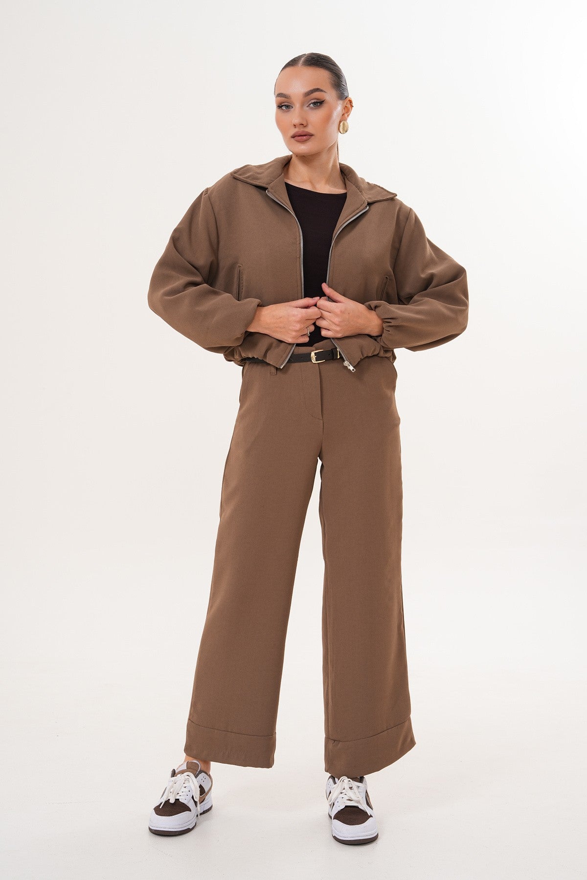 Kahverengi Bomber Ceket İkili Takım