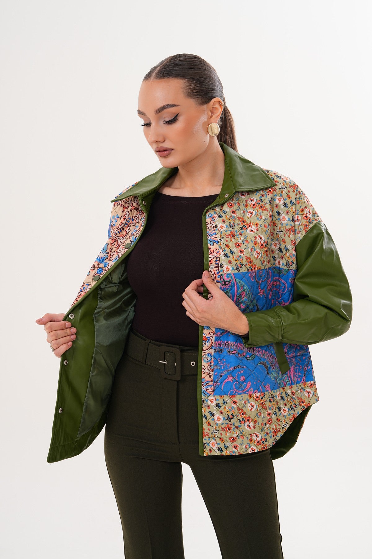 Yeşil Deri Detaylı Twist Model Ceket