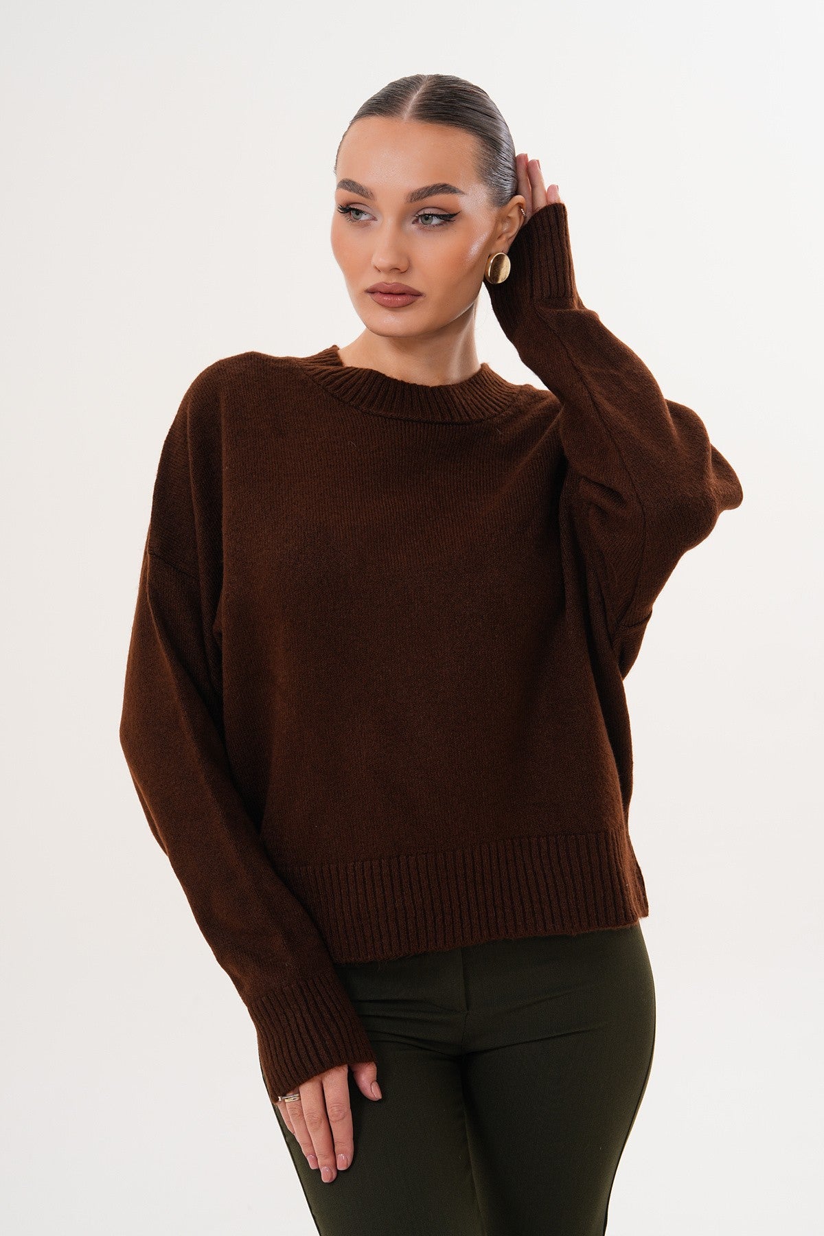 Oversize Bisiklet Yaka Kahverengi Kazak