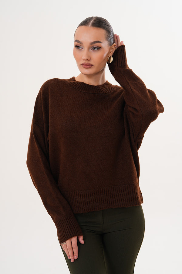 Oversize Bisiklet Yaka Kahverengi Kazak