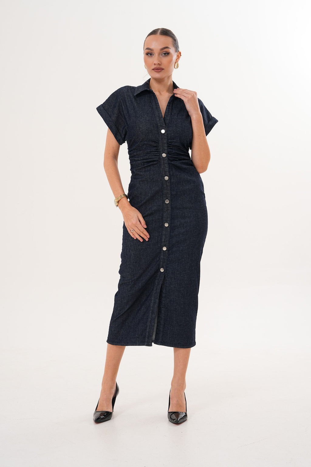 Ön Düğme Detaylı Kot Midi Elbise