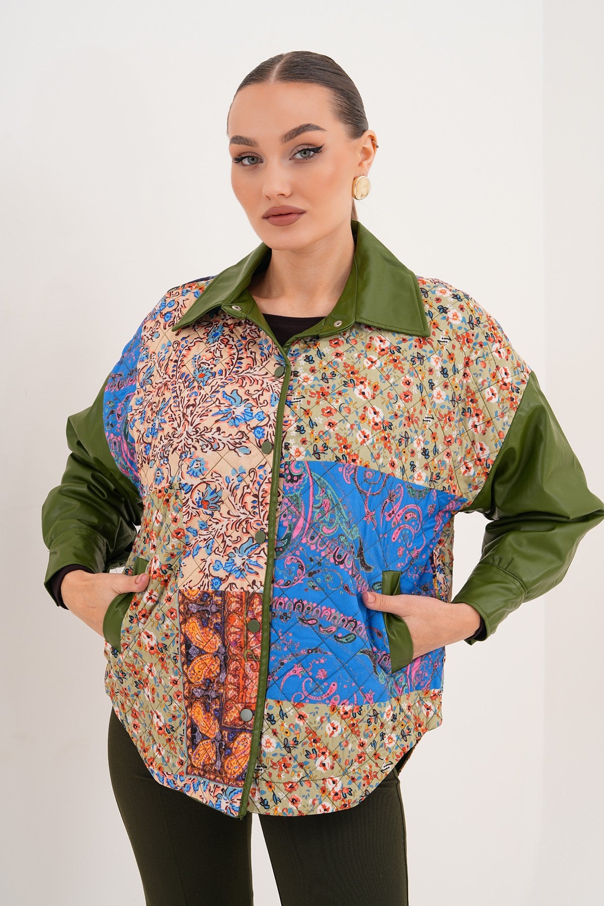 Yeşil Deri Detaylı Twist Model Ceket