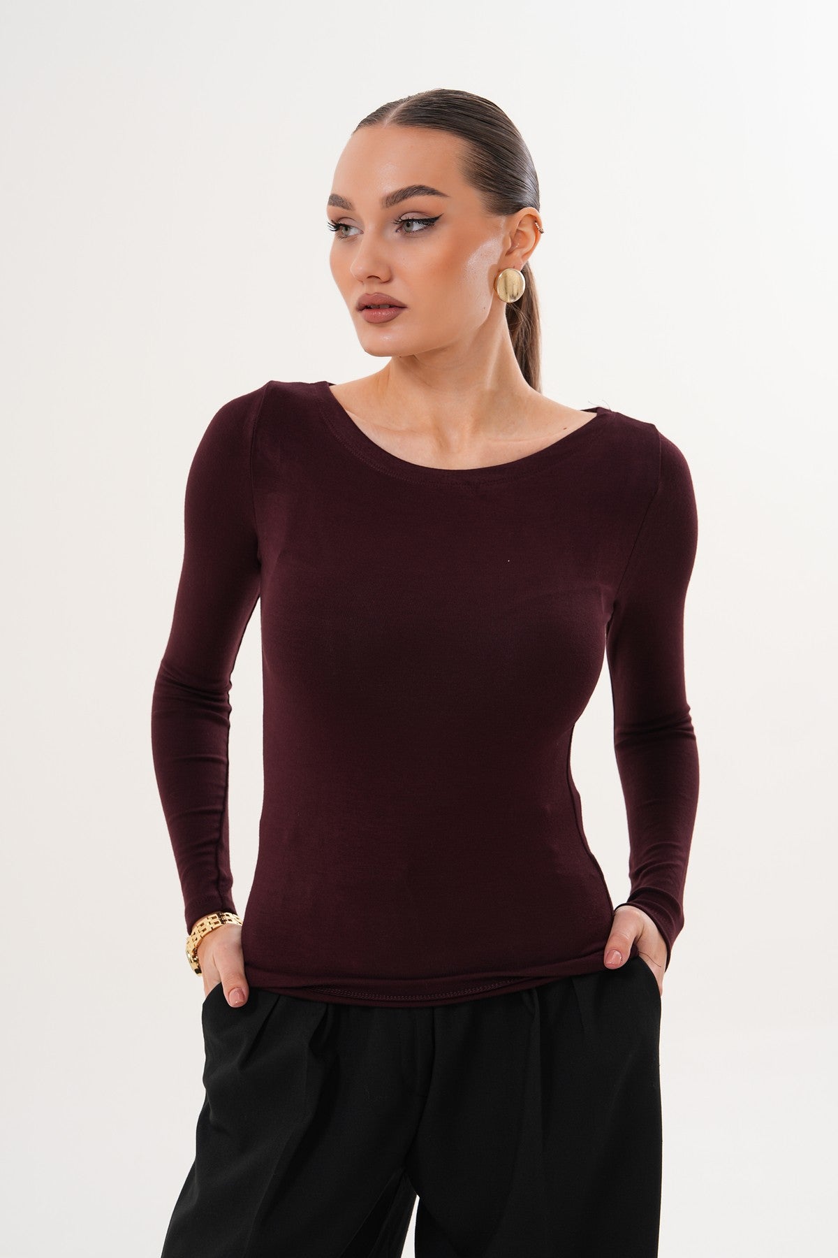 Kayık Yaka Yumuşak Kumaş Bordo Bluz