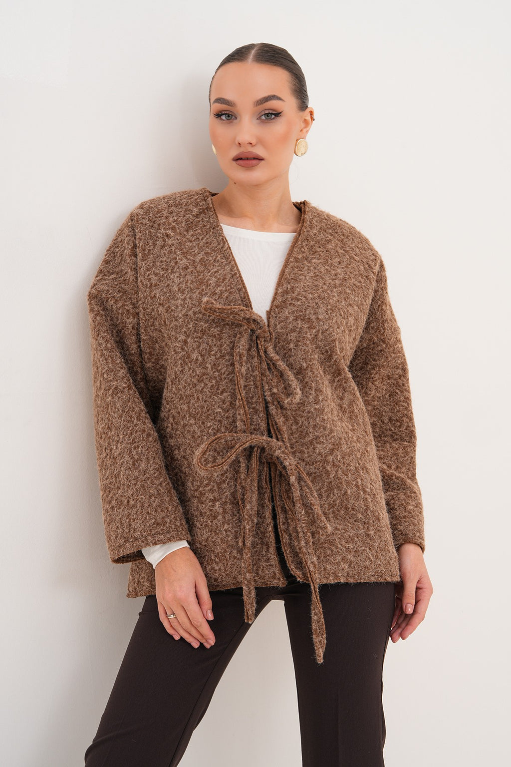 Kırçıllı Önü Bağlamalı Kahve Oversize Kaban