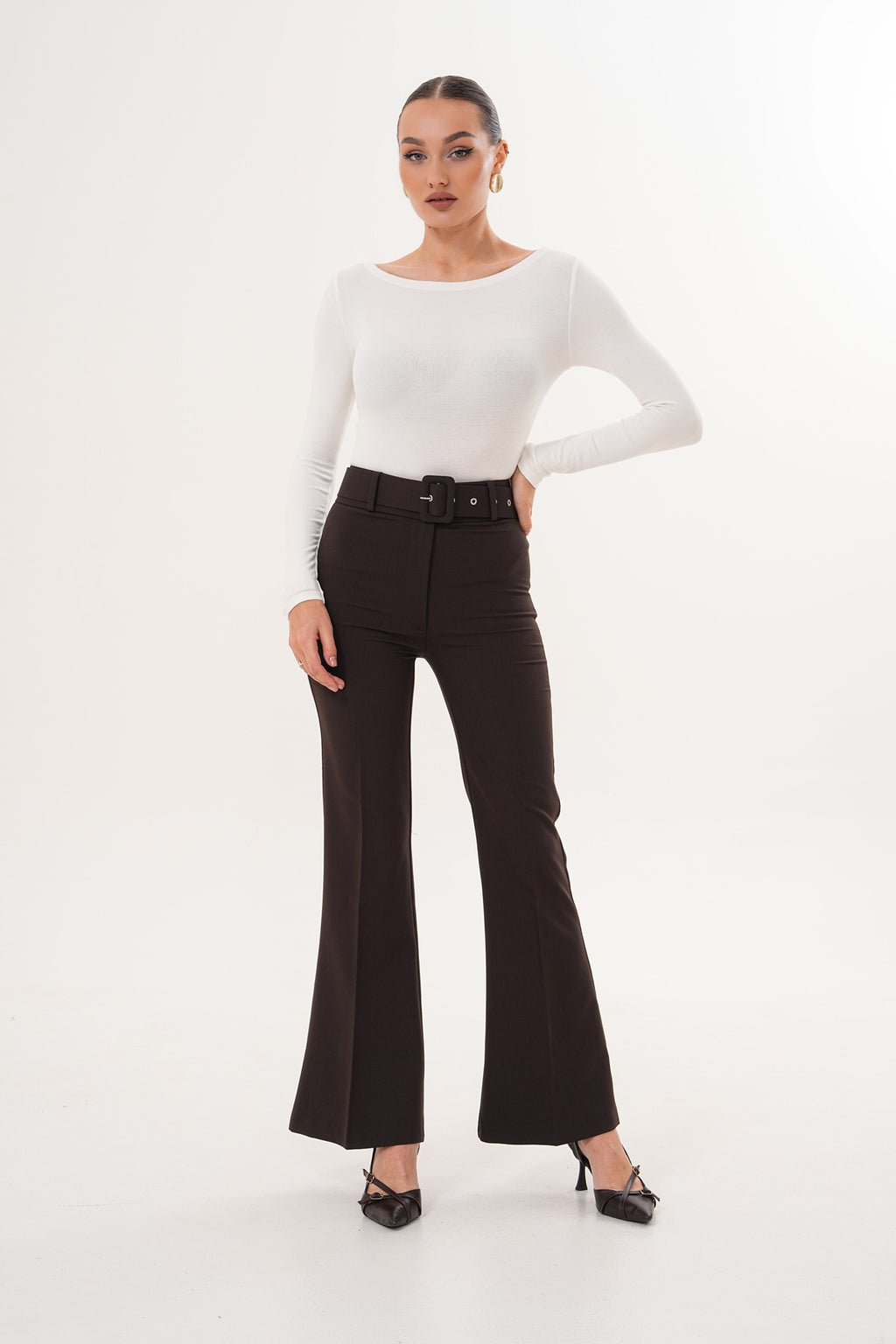 Kahverengi Çelik Kumaş Kemer Detay Pantolon