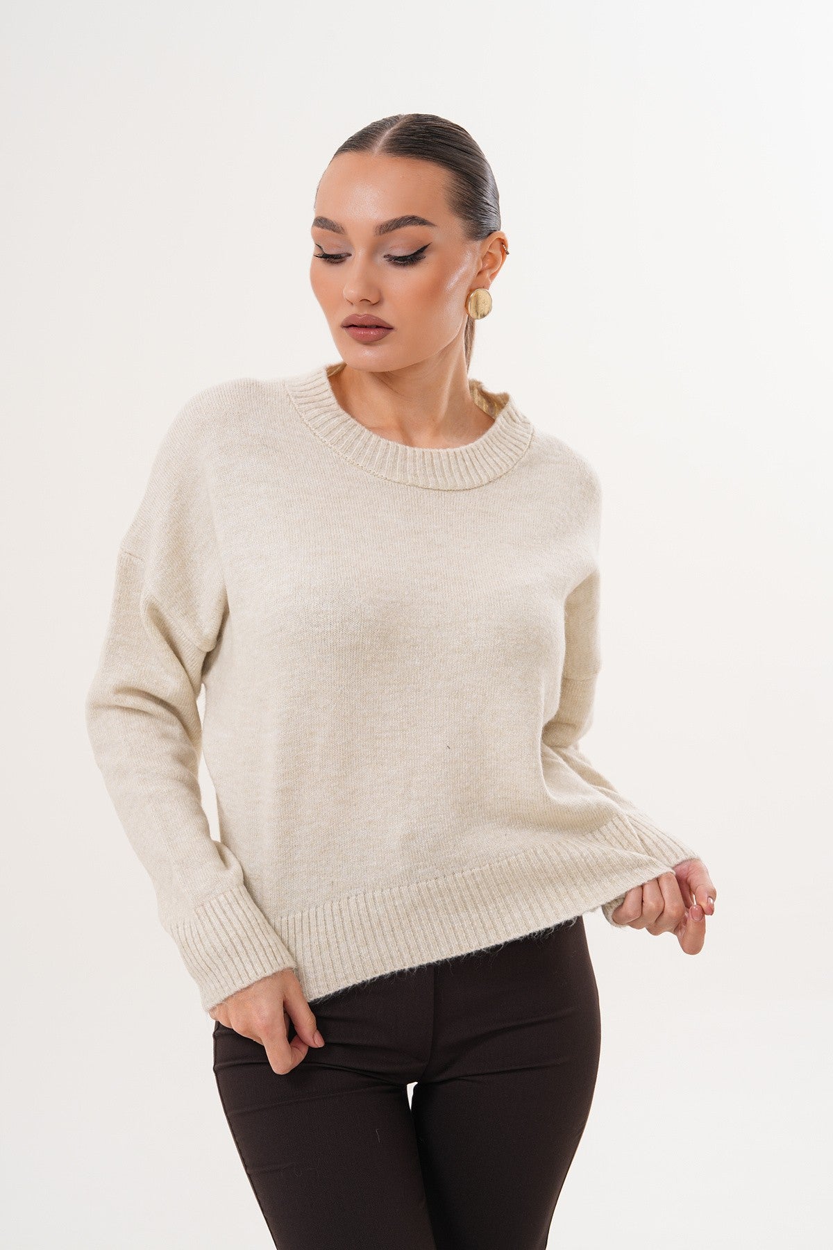 Oversize Bisiklet Yaka Krem Kazak