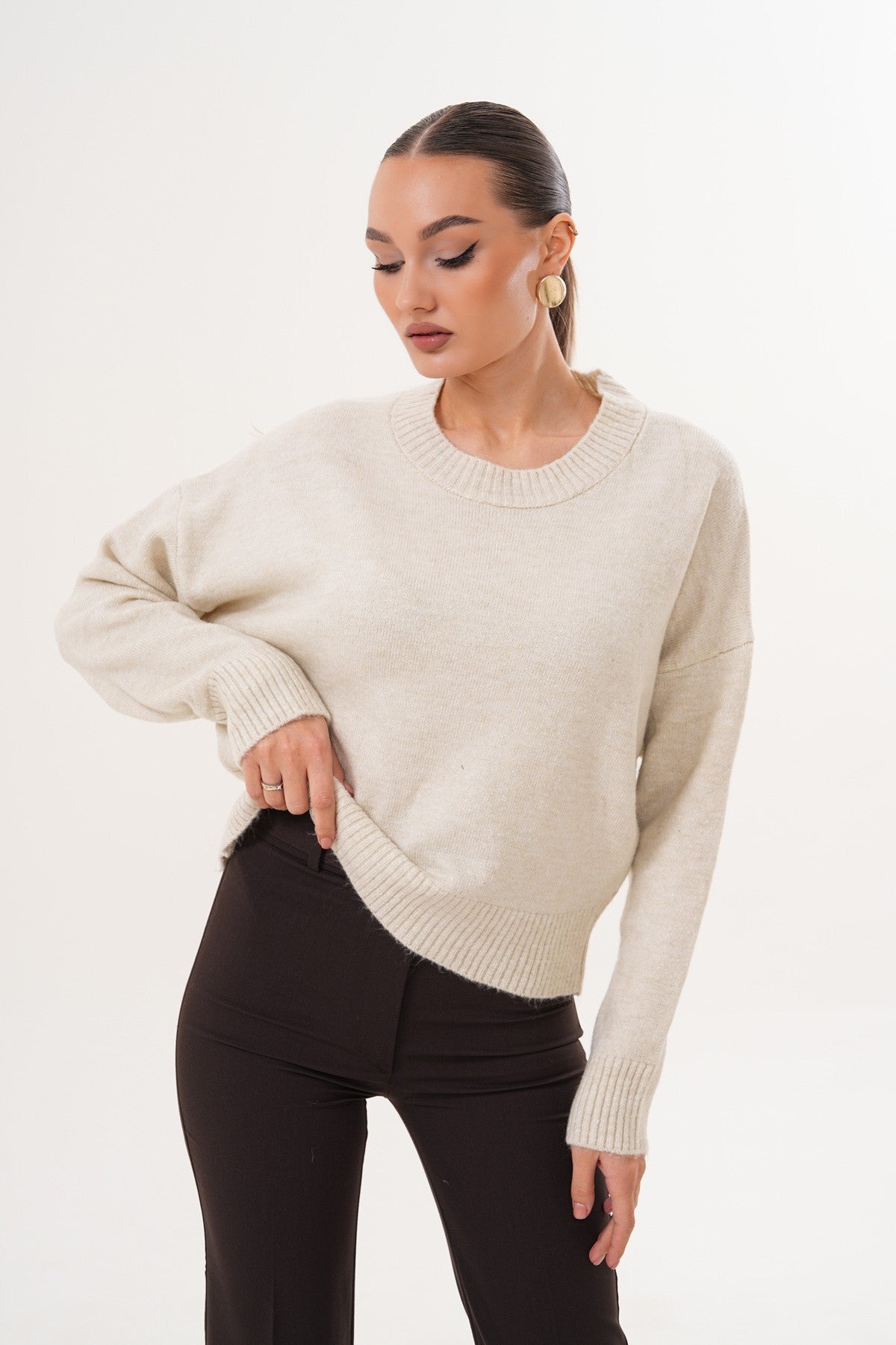 Oversize Bisiklet Yaka Krem Kazak