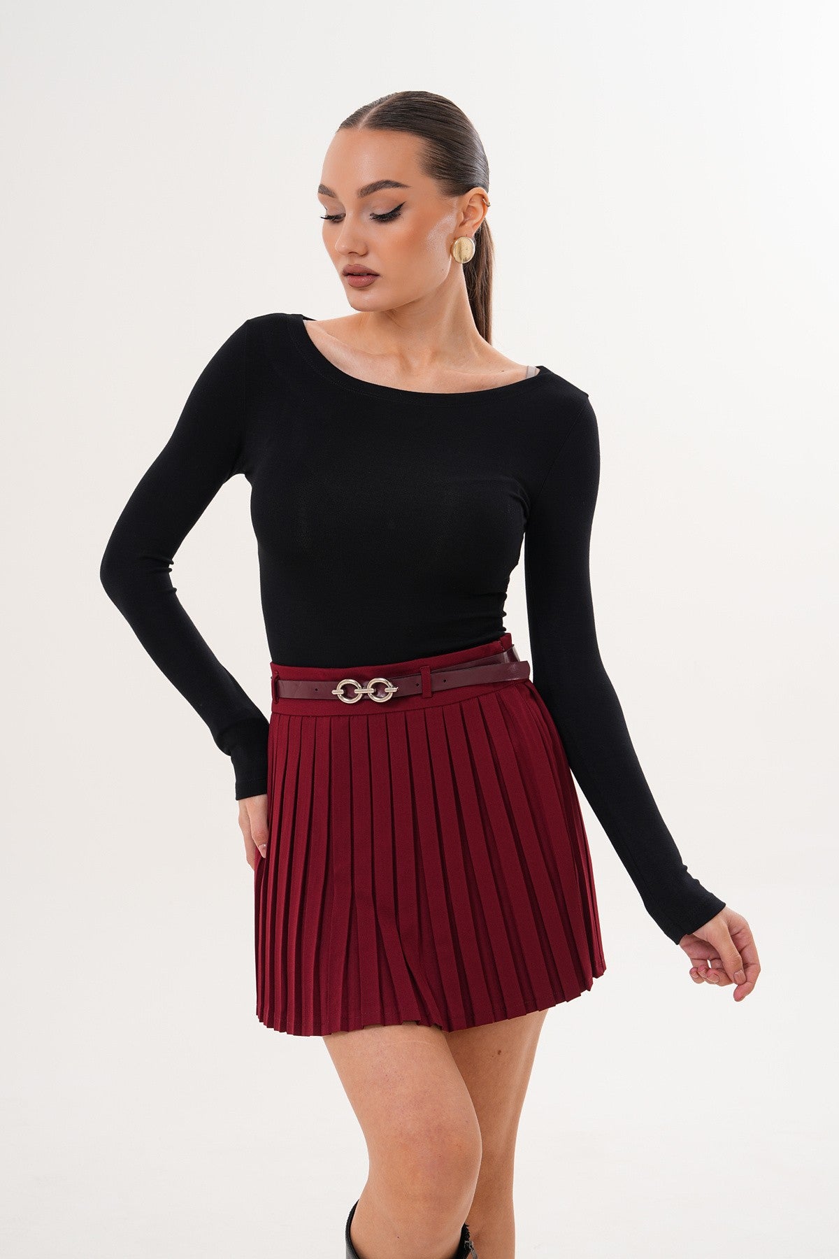 Bordo Pileli Mini Etek