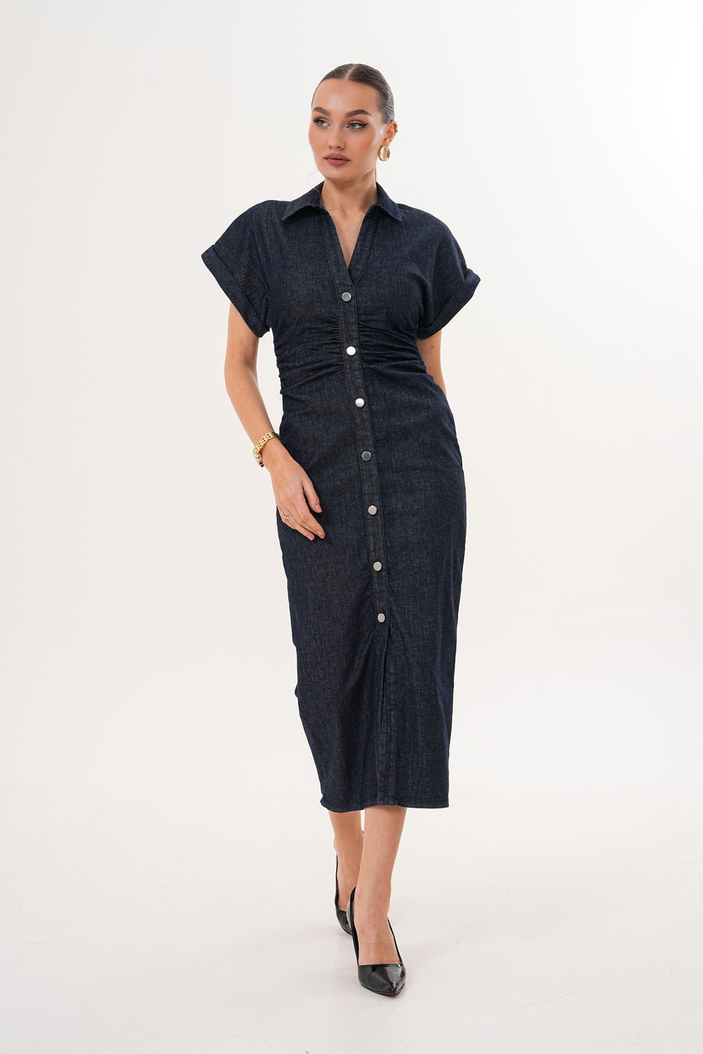 Ön Düğme Detaylı Kot Midi Elbise