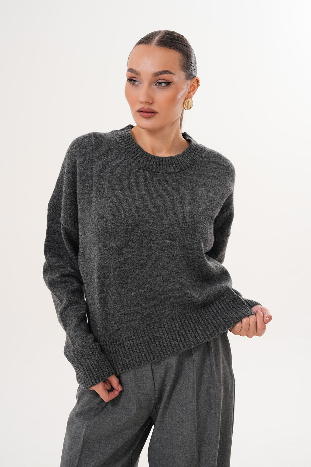 Oversize Bisiklet Yaka Gri Kazak