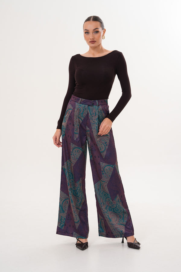 Saten Desenli Çok Renkli Pantolon