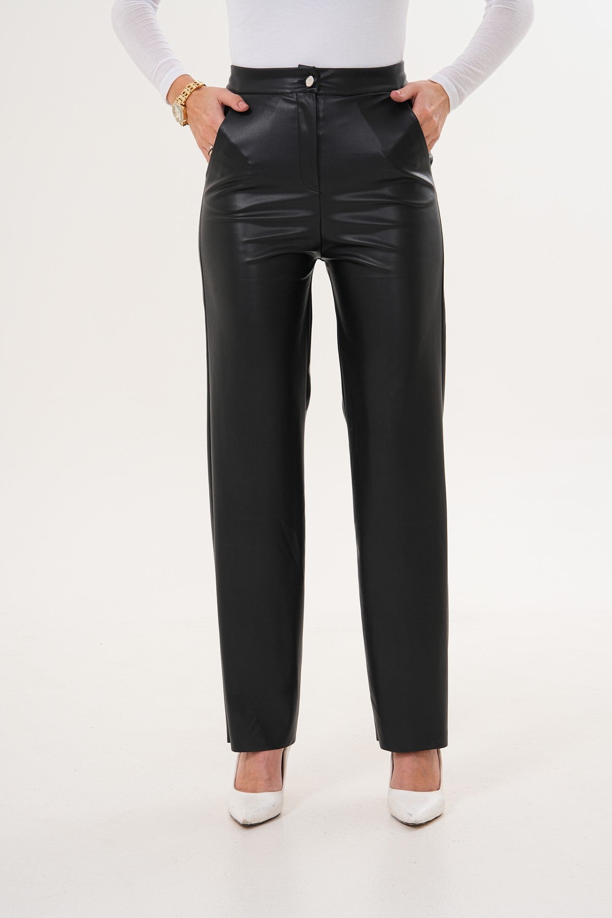 Siyah İspanyol Paça Deri Pantolon