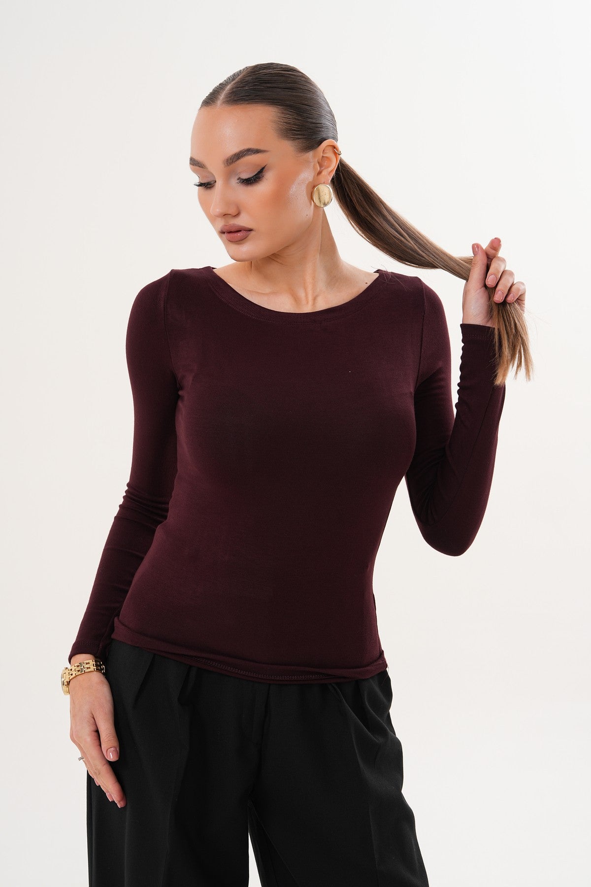 Kayık Yaka Yumuşak Kumaş Bordo Bluz