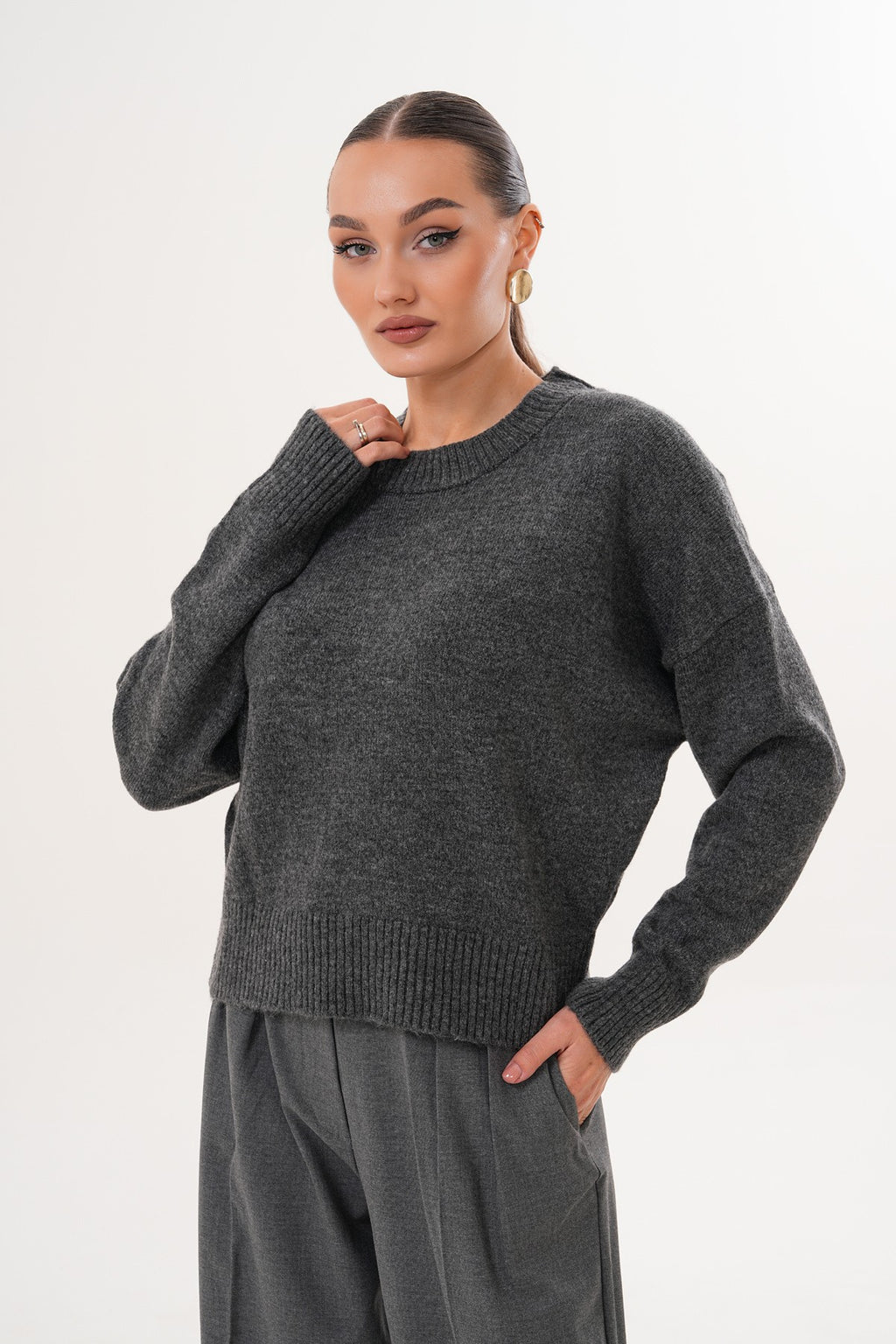 Oversize Bisiklet Yaka Gri Kazak