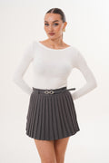 Gri Pileli Mini Etek