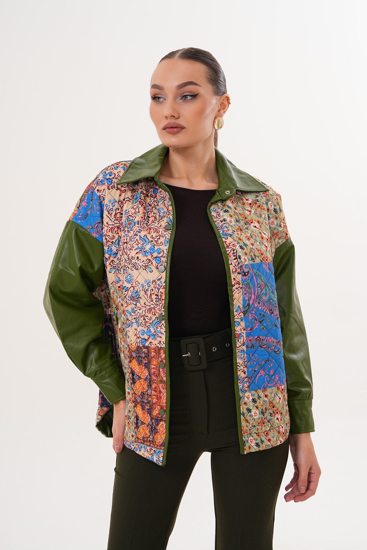 Yeşil Deri Detaylı Twist Model Ceket