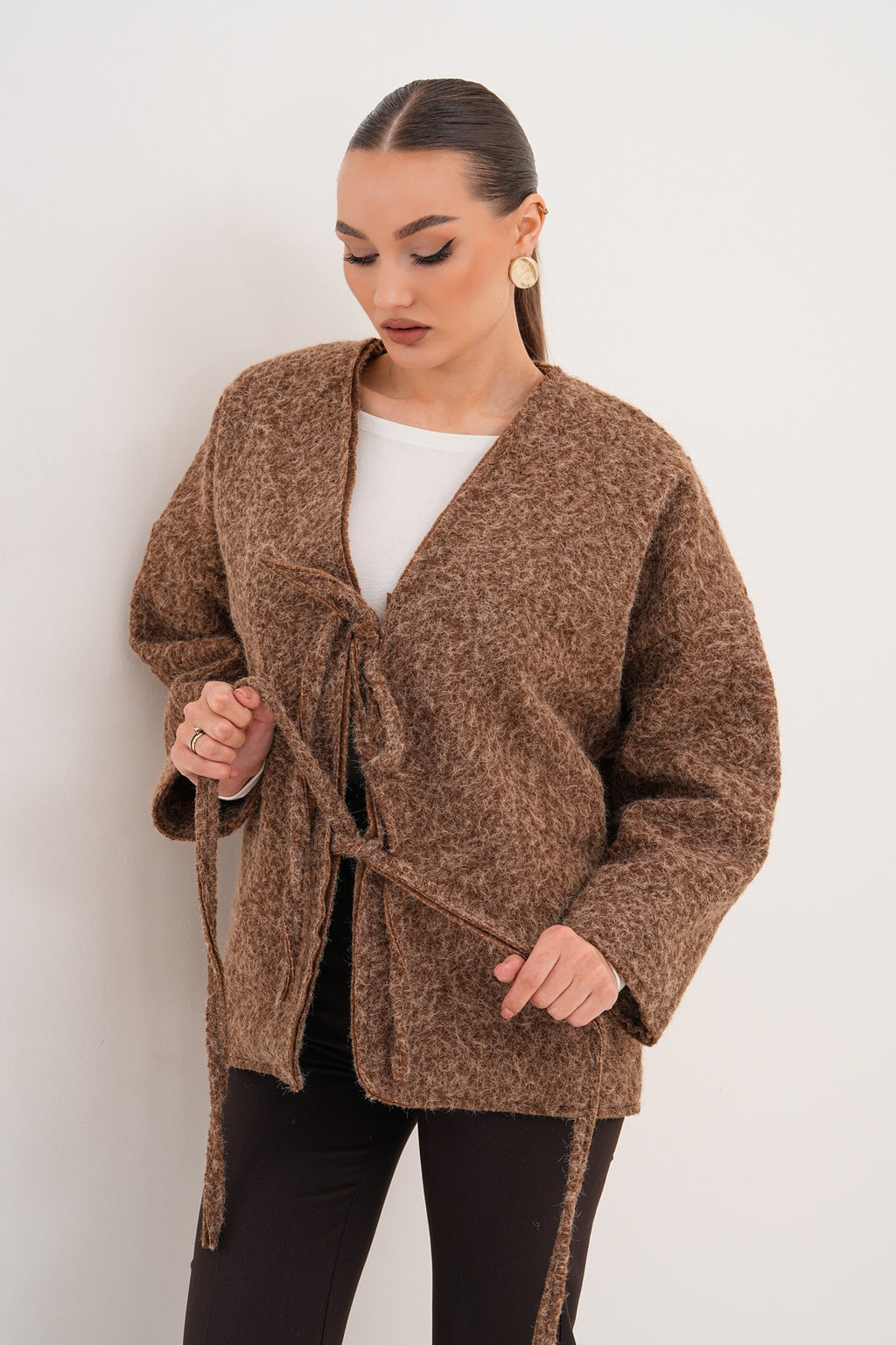 Kırçıllı Önü Bağlamalı Kahve Oversize Kaban