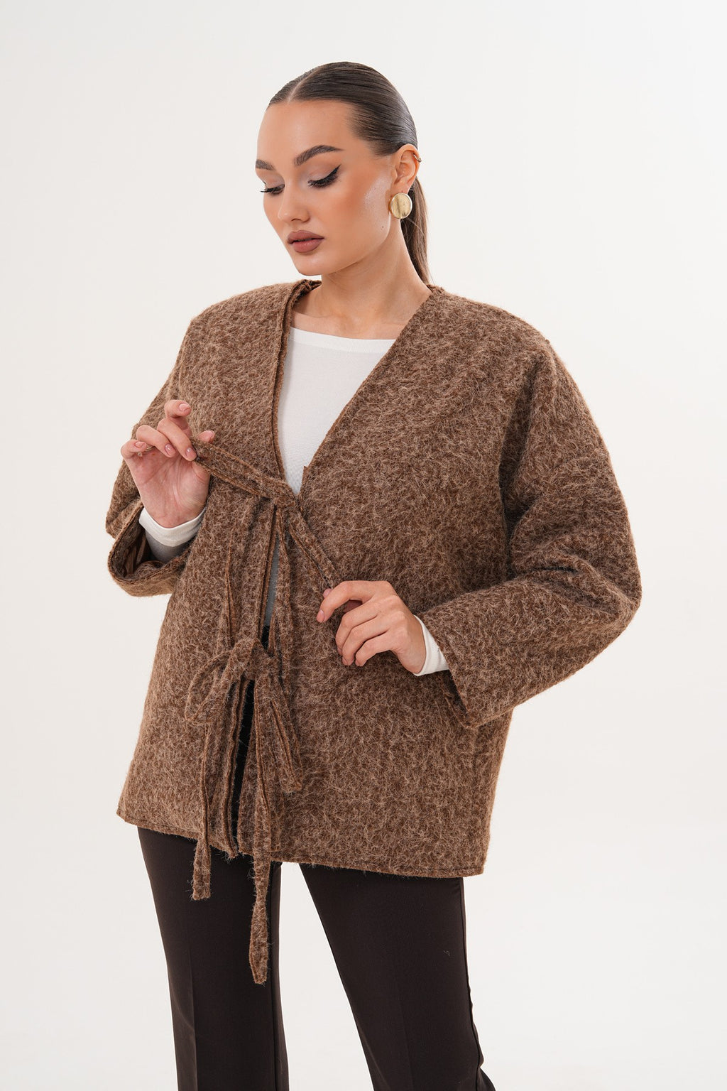 Kırçıllı Önü Bağlamalı Kahve Oversize Kaban
